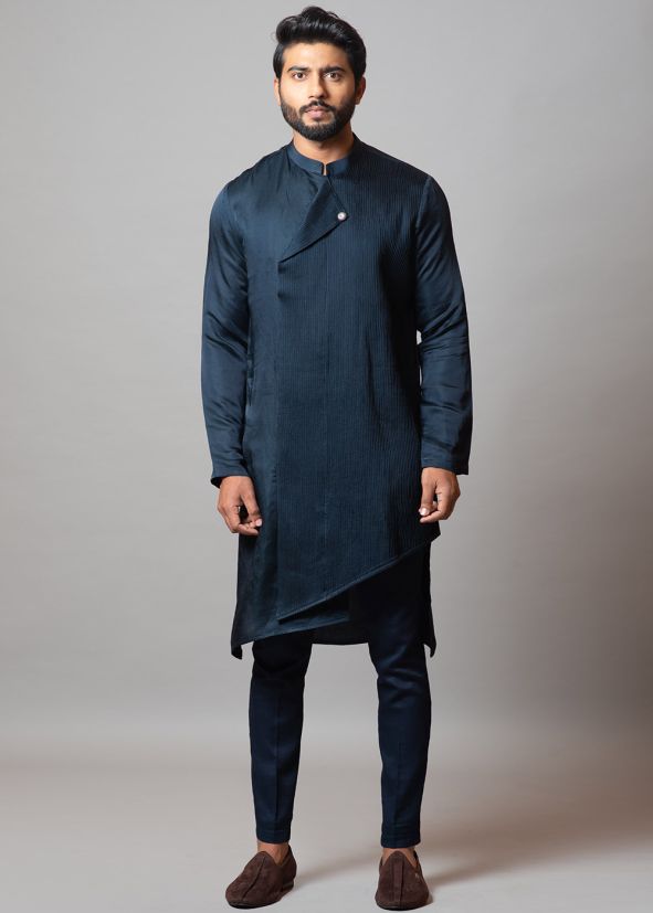 Blue Aymmetric Kurta Pajama In Linen