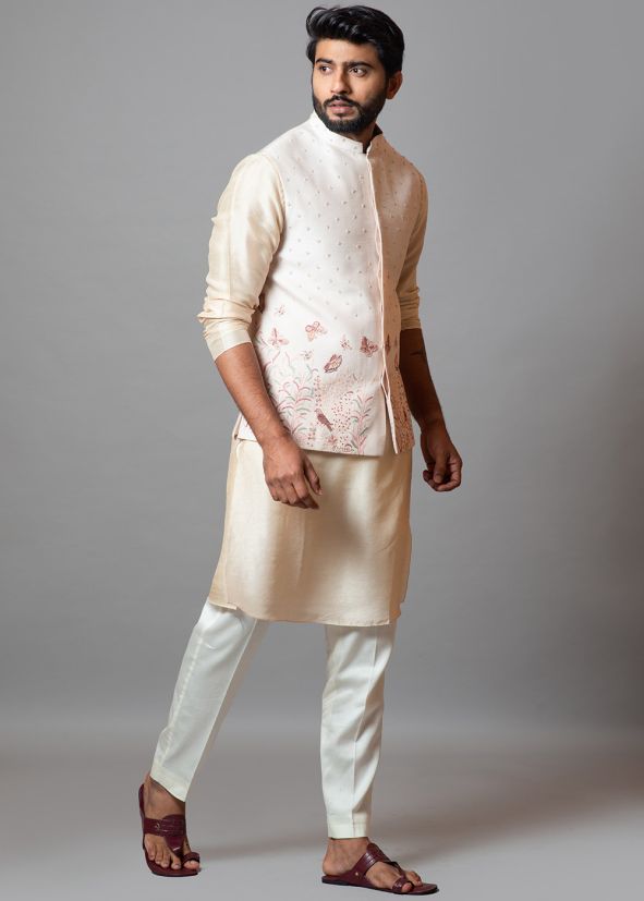 Peach Embroidered Kurta Pajama With Jacket