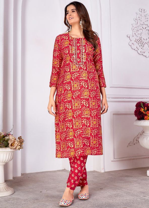 Red Printed Kurta Set In Silk