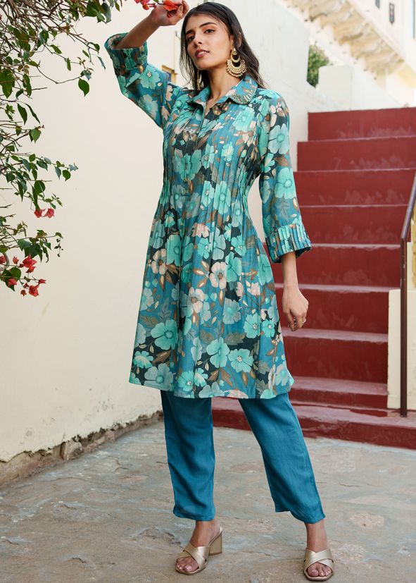 Digital Printed Cotton Readymade Pant Kurta In Blue
