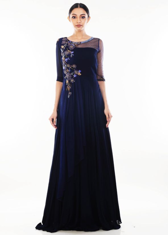 Blue Georgette & Net Indo Western Dress With Attached Dupatta Online USA