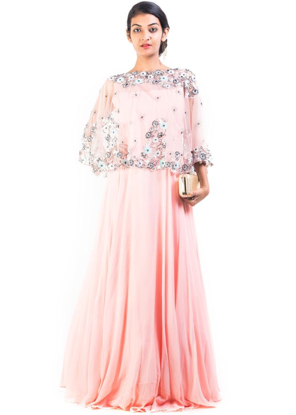 Pastel Pink Georgette Net Cape Style Gown