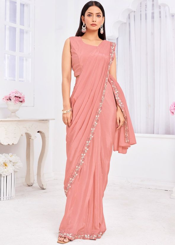 Peach Readymade Embroidered Jacket Style Saree 