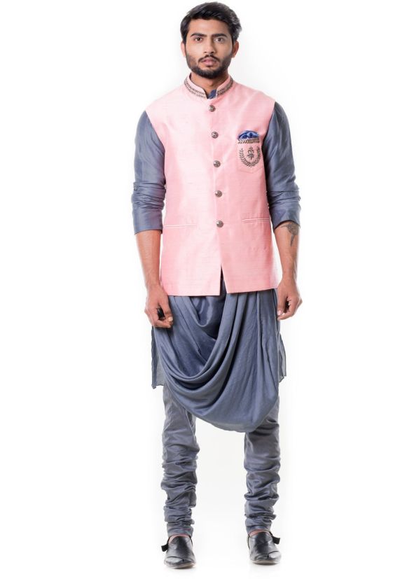 Grey Cowl Style Kurta Set With Pink Jacket