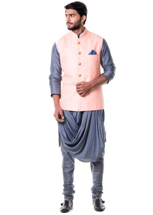 Buy Grey Cowl Style Mens Kurta Pajama Online With Nehru Jacket USA