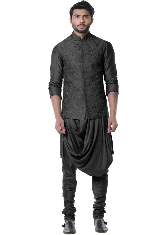 Black Cowl Style Kurta Set With Nehru Jacket