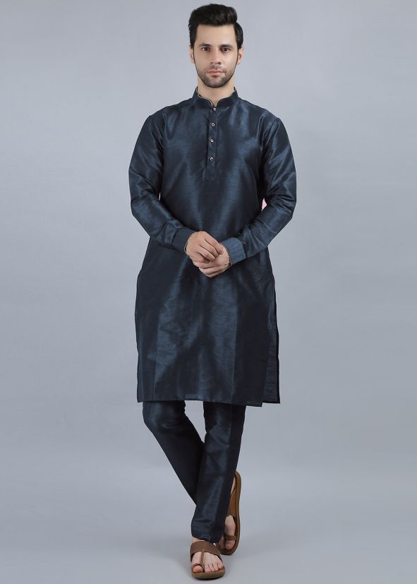 Blue Mens Kurta Pajama In Dupion Silk