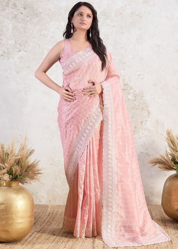 Peach Embroidered Tissue Saree