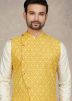 Cream Cotton Kurta Pajama & Printed Nehru Jacket