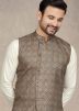 Cream Kurta Pajama & Nehru Jacket in Digital Print