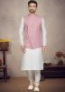 Off White Mens Kurta Pajama & Printed Nehru Jacket