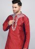 Red Mens Embroidered Kurta & Pajama Set