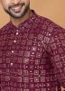 Maroon Readymade Georgette Mens Kurta Pajama In Mirror Work