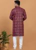 Maroon Readymade Georgette Mens Kurta Pajama In Mirror Work