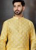 Yellow Printed Mens Kurta In Dupion Silk