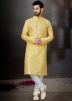Yellow Printed Mens Kurta In Dupion Silk