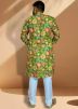 Green Mens Floral Print Kurta Pajama