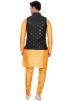 Yellow Readymade Jacquard Kurta Pajama In Nehru Jacket Style