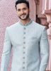 Pastel Blue Embroidered Art Silk Mens Sherwani Set