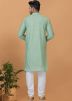 Green Sequins Embroidered Kurta Pajama In Cotton
