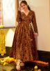 Brown Readymade Cotton Kurta Set In Print