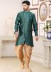 Green Woven Detailed Mens Indo Western Jacquard Sherwani With Dhoti