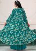 Turquoise Embroidered Top Bottom Set With Jacket