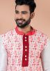 White Embroidered Kurta Pajama In Banarasi Silk
