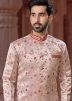 Peach Readymade Jacquard Mens Sherwani Set In Digital Print