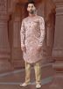 Peach Readymade Jacquard Mens Sherwani Set In Digital Print
