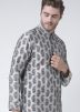 Grey Readymade Printed Dupion Silk Men Kurta Pajama