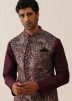 Wine Embroidered Kurta Pajama With Nehru Jacket