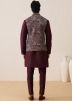 Wine Embroidered Kurta Pajama With Nehru Jacket