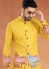 Readymade Yellow Print Art Silk Mens Kurta with jacket
