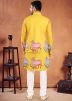 Readymade Yellow Print Art Silk Mens Kurta with jacket