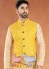Golden Readymade Nehru Jacket With Kurta Pajama In Print