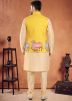 Golden Readymade Nehru Jacket With Kurta Pajama In Print