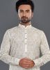 Pale Yellow Printed Men Kurta Pajama