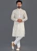 Pale Yellow Printed Men Kurta Pajama