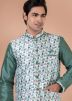 Green Men Kurta Pajama With Printed Nehru Jacket