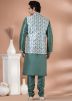 Green Men Kurta Pajama With Printed Nehru Jacket