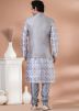 Gery Printed Kurta Pajama With Nehru Jacket