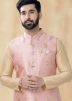 Golden Readymade Kurta Pajama With Nehru Jacket In Jacquard 