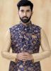 Golden Readymade Kurta Pajama With Printed Nehru Jacket