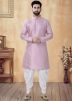 Pink Men Readymade Kurta With Dhoti In Art Silk