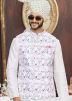 Cream Art Silk Groomsmen Kurta Pajama With Nehru Jacket 