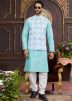 Blue Groomsmen Kurta Pajama With Nehru Jacket In Art Silk