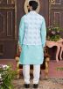 Blue Groomsmen Kurta Pajama With Nehru Jacket In Art Silk