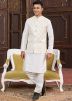 Cream Groomsmen Kurta Pajama With Nehru Jacket In Art Silk