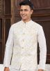 Cream Groomsmen Kurta Pajama With Nehru Jacket In Art Silk
